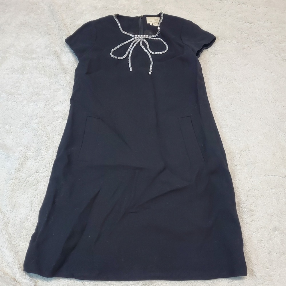 Kate Spade Black Wool Gail Crystal Jewel Bow Dressy Occasion Formal Mini Dress 0